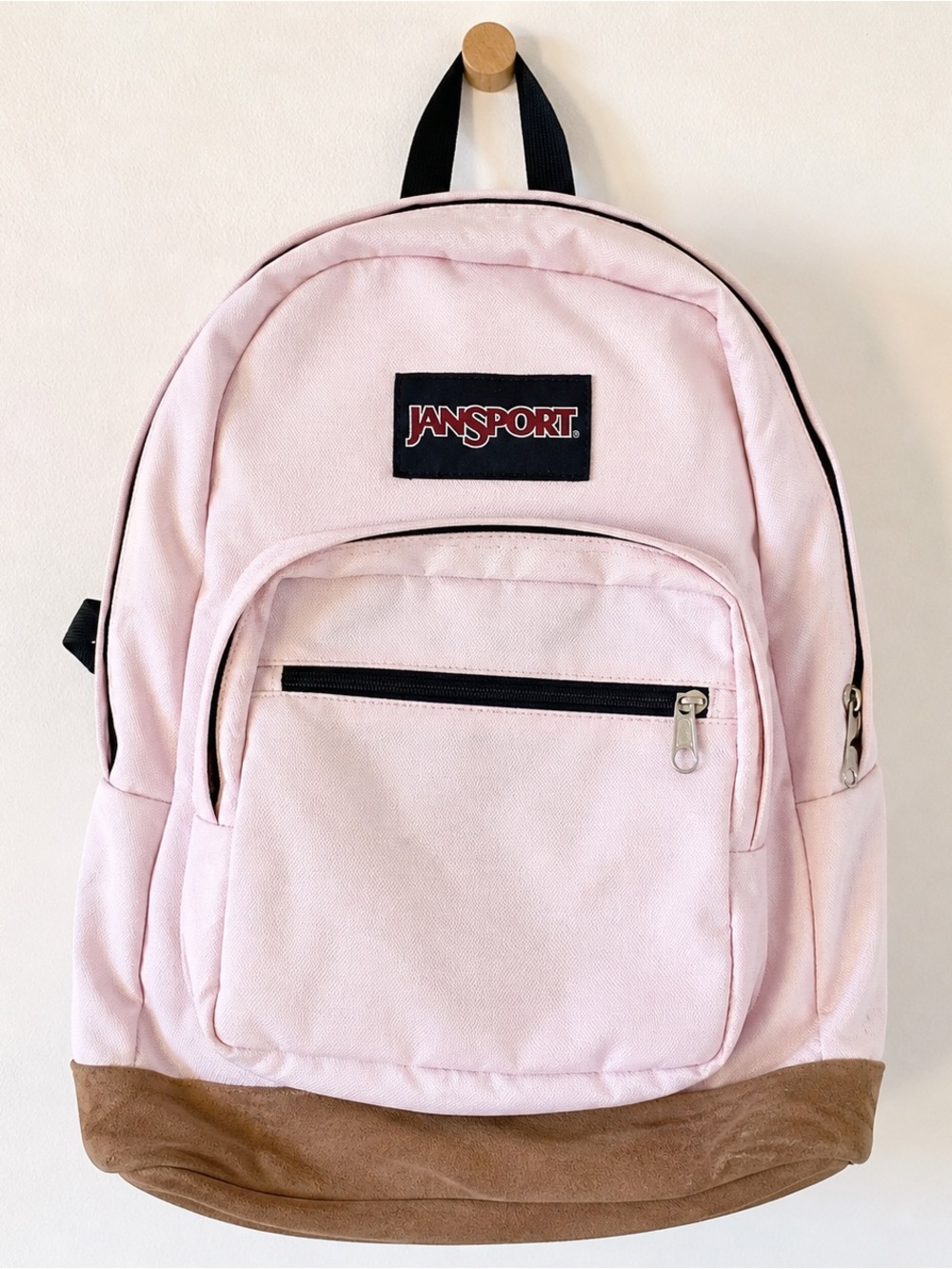 Jansport Light Pink Backpack Brown Suede Bottom Classic School Bag